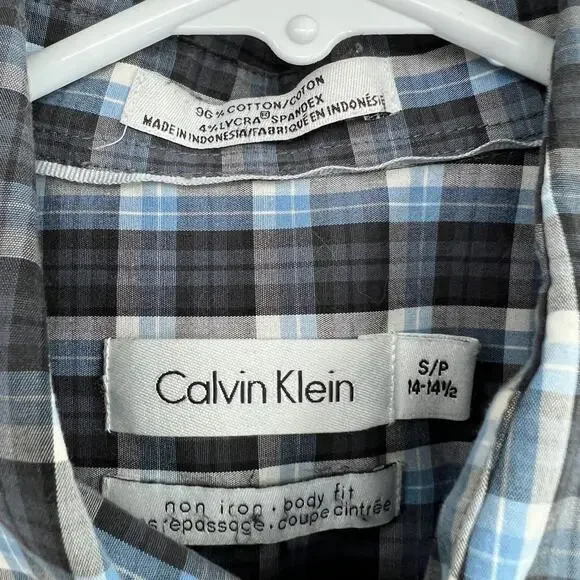 Calvin Klein SMALL (14-14.5) Mens Blue Plaid Non-Iron Fit Button Up Dress Shirt - Picture 7 of 9